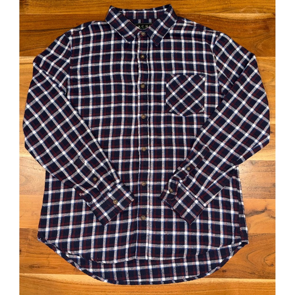 Jachs New York Mens Recycled Flannel Shirt Navy Blue Plaid Button Down Large